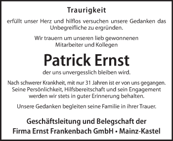 Traueranzeige von Patrick Ernst von Trauerportal Rhein Main Presse