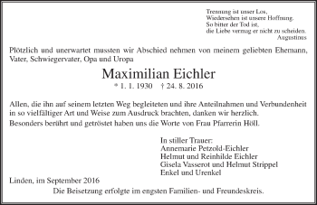 Traueranzeige von Maximilian Eichler von  Gießener Anzeiger