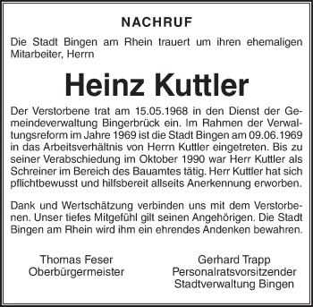 Traueranzeige von Heinz Kuttler von Trauerportal Rhein Main Presse
