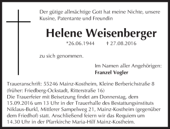 Traueranzeige von Helene Weisenberger von Trauerportal Rhein Main Presse