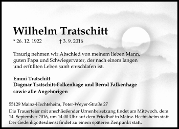 Traueranzeige von Wilhelm Tratschitt von Trauerportal Rhein Main Presse