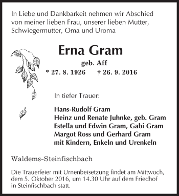 Traueranzeige von Erna Gram von  Camberger Anzeiger