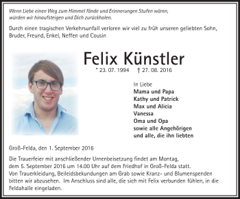 Traueranzeige von Felix Künstler von VRM Trauer