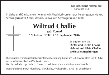 Traueranzeige von Wiltrud Challie von Trauerportal Rhein Main Presse