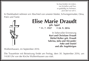 Traueranzeige von Elise Marie Draudt von  Kreisanzeiger