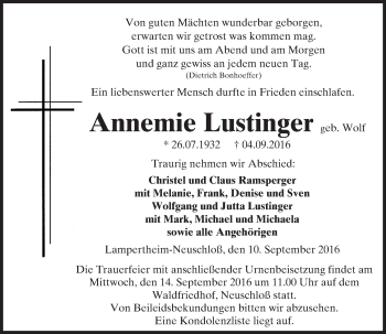 Traueranzeige von Annemie Lustinger von Trauerportal Echo Online