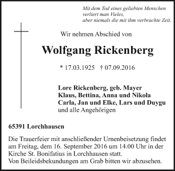 Traueranzeige von Wolfgang Rickenberg von Trauerportal Rhein Main Presse