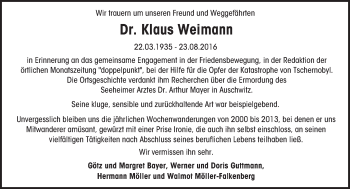 Traueranzeige von Klaus Weimann von Trauerportal Echo Online