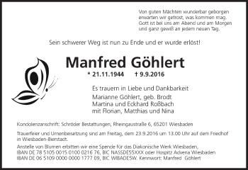 Traueranzeige von Manfred Göhlert von Trauerportal Rhein Main Presse