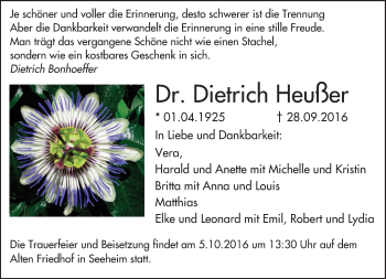 Traueranzeige von Dietrich Heußer von Trauerportal Echo Online