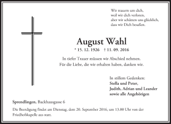 Traueranzeige von August Wahl von Trauerportal Rhein Main Presse