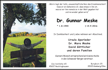 Traueranzeige von Gunnar Meske von VRM Trauer
