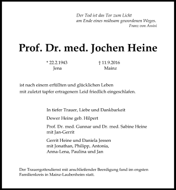Traueranzeige von Jochen Heine von Trauerportal Rhein Main Presse