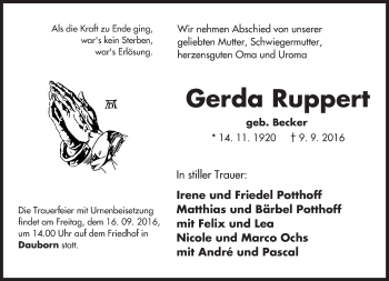 Traueranzeige von Gerda Ruppert von  Camberger Anzeiger