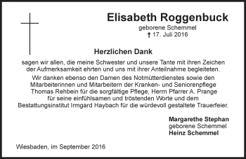 Traueranzeige von Elisabeth Roggenbuck von Trauerportal Rhein Main Presse