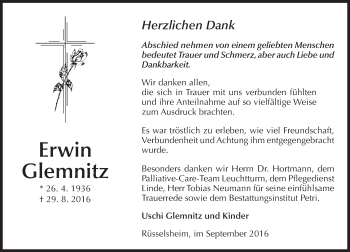 Traueranzeige von Erwin Glemnitz von Trauerportal Rhein Main Presse