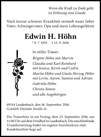 Traueranzeige von Edwin H. Höhn von Trauerportal Echo Online