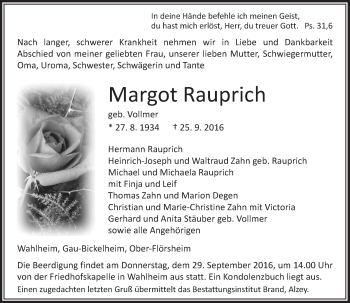 Traueranzeige von Margot Rauprich von Trauerportal Rhein Main Presse