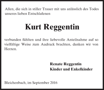 Traueranzeige von Kurt Reggentin von  Kreisanzeiger
