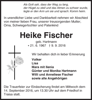 Traueranzeige von Heike Fischer von Trauerportal Echo Online