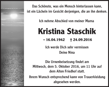 Traueranzeige von Kristina Staschik von Trauerportal Echo Online