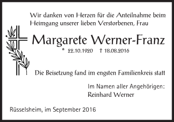 Traueranzeige von Margarete Werner-Franz von Trauerportal Rhein Main Presse