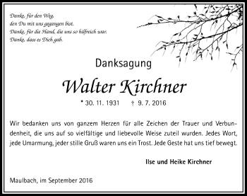 Traueranzeige von Walter Kirchner von VRM Trauer