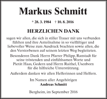 Traueranzeige von Markus Schmitt von  Kreisanzeiger