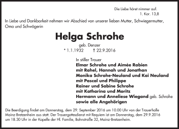 Traueranzeige von Helga Schrohe von Trauerportal Rhein Main Presse