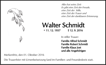 Traueranzeige von Walter Schmidt von  Kreisanzeiger