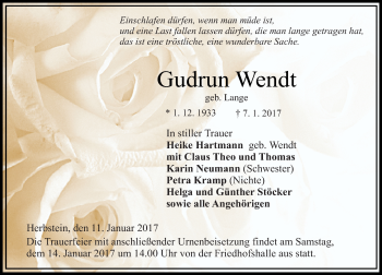 Traueranzeige von Gudrun Wendt von VRM Trauer