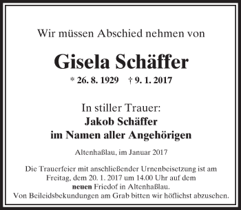 Traueranzeige von Gisela Schäffer von  Gelnhäuser Tageblatt