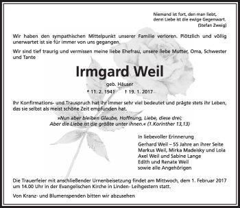 Traueranzeige von Irmgard Weil von  Gießener Anzeiger