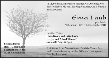 Traueranzeige von Erna Laub von Trauerportal Echo Online
