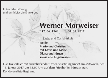 Traueranzeige von Werner Morweiser von Trauerportal Echo Online