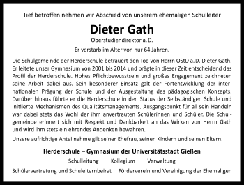 Traueranzeige von Dieter Gath von  Gießener Anzeiger