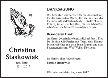 Traueranzeige von Christina Staskowiak von Trauerportal Rhein Main Presse