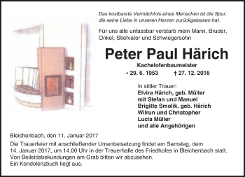 Traueranzeige von Peter Paul Härich von  Kreisanzeiger