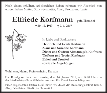 Traueranzeige von Elfriede Korfmann von Trauerportal Rhein Main Presse