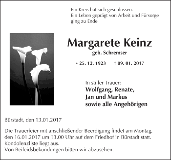 Traueranzeige von Margarete Keinz von Trauerportal Echo Online
