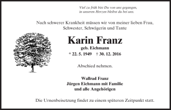 Traueranzeige von Karin Franz von  Gelnhäuser Tageblatt
