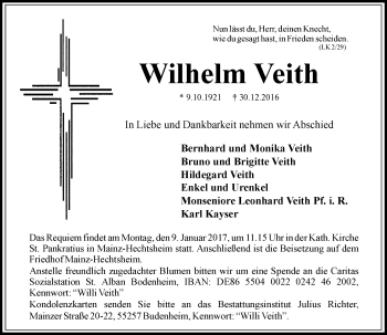 Traueranzeige von Wilhelm Veith von Trauerportal Rhein Main Presse