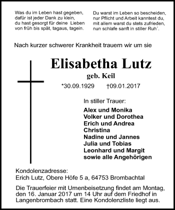 Traueranzeige von Elisabetha Lutz von Trauerportal Echo Online