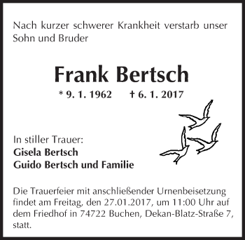 Traueranzeige von Frank Bertsch von Trauerportal Rhein Main Presse