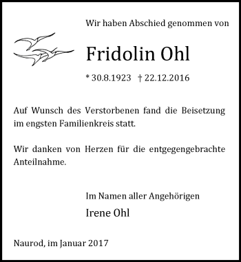 Traueranzeige von Fridolin Ohl von Trauerportal Rhein Main Presse
