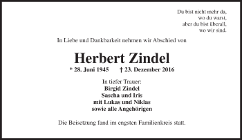 Traueranzeige von Herbert Zindel von Trauerportal Rhein Main Presse
