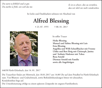 Traueranzeige von Alfred Blessing von Trauerportal Echo Online