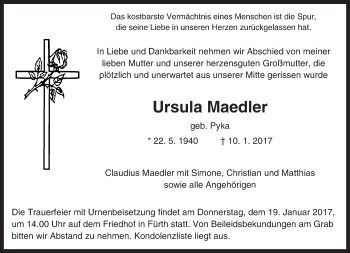 Traueranzeige von Ursula Maedler von Trauerportal Echo Online