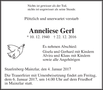 Traueranzeige von Anneliese Gerl von  Gießener Anzeiger