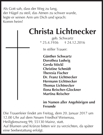 Traueranzeige von Christa Lichtnecker von Trauerportal Rhein Main Presse